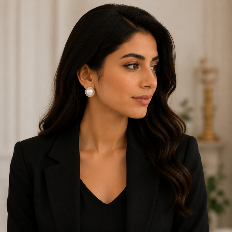 گوشواره زنانه جوپینگ مرواریدی گرد طلایی مدل کلاسیک