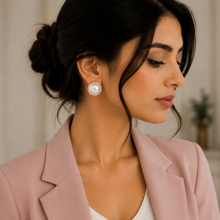 گوشواره زنانه جوپینگ مرواریدی گرد طلایی مدل کلاسیک