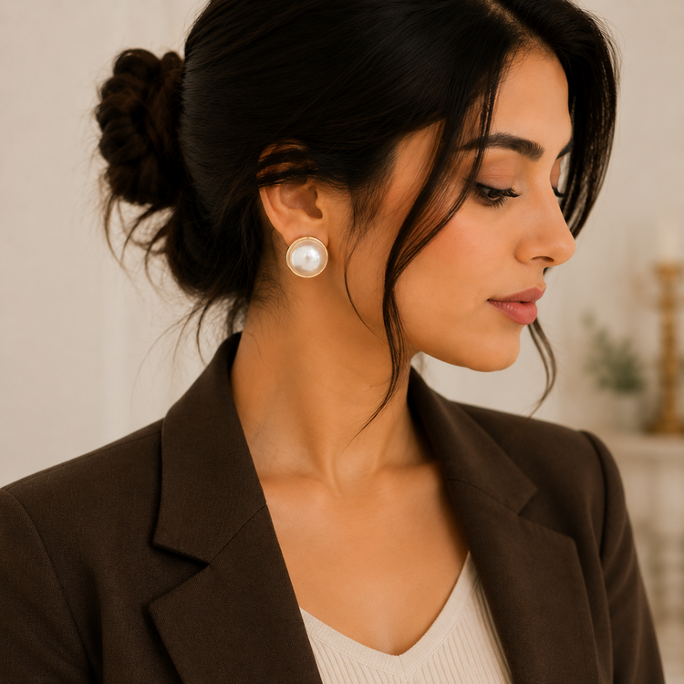 گوشواره زنانه جوپینگ مرواریدی گرد طلایی مدل کلاسیک