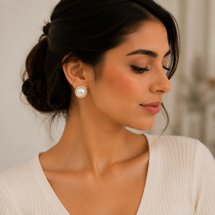 گوشواره زنانه جوپینگ مرواریدی گرد طلایی مدل کلاسیک