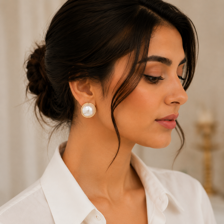 گوشواره زنانه جوپینگ مرواریدی گرد طلایی مدل کلاسیک