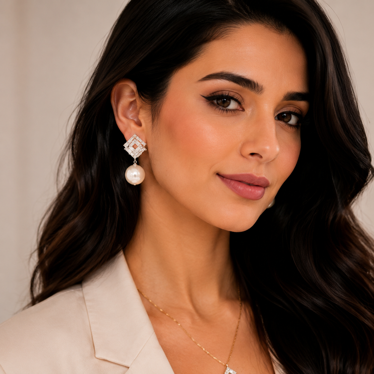 گوشواره زنانه جوپینگ مدل مرواریدی آویز بلند طلایی و نقره ای با نگین کریستالی