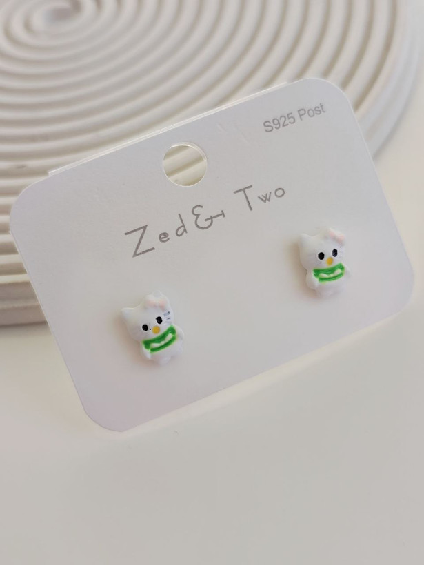گوشواره میخی Zed & Two مدل Cat طرح گربه کارتونی فانتزی سه رنگ