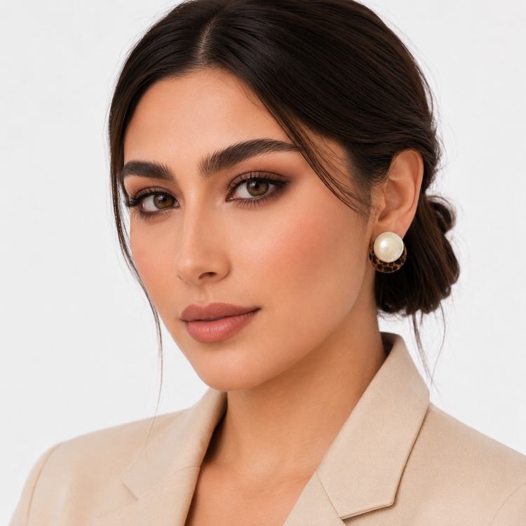 گوشواره میخی ،جوپینگ ،مدل Pearl Leopard با مروارید درشت و طرح پلنگی