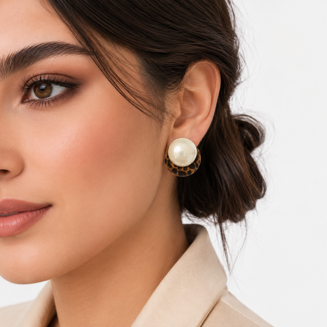 گوشواره میخی ،جوپینگ ،مدل Pearl Leopard با مروارید درشت و طرح پلنگی